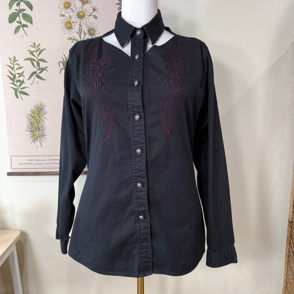 Vintage Embroidered Cut Out Neckline Western Shirt Southwestern Gothic Cowgirl L